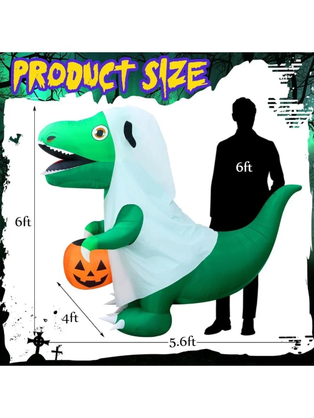 6 FT Halloween Inflatable Dinosaur with Pumpkin & Ghost - LED Yard Decor